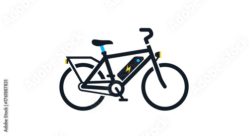 Illustrated Black Electric Bicycle with Battery and Accessories.