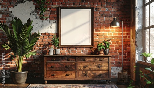 Hipster-inspired interior scene featuring a vintage chest of drawers and a framed poster mockup against an exposed brick wall. Stylish, cozy, and perfect for design showcase.
