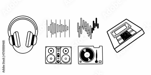 Illustration of audio equipment including headphones speakers turntable and audio waveforms in black and white on transparent background
