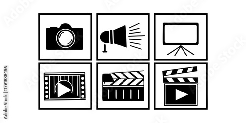 Collection of black and white icons depicting camera, projector, screen, video player and clapperboard tools on transparent background
