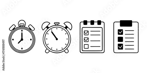 Illustration showing two alarm clocks and two checklists representing time management and organization skills on transparent background