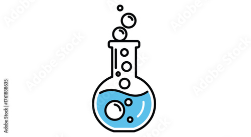 Icon of a laboratory flask with blue liquid and rising bubbles.