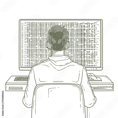 vector line art concept illustration of hacker typing on a glowing neon keyboard
