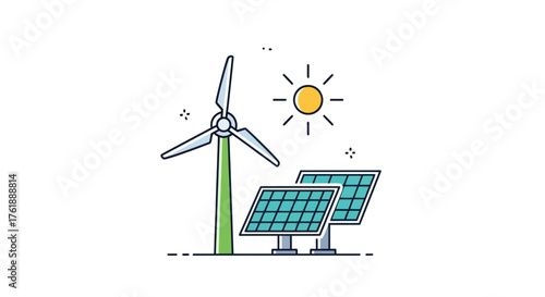 Renewable energy sources: wind turbine and solar panels under the sun.