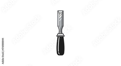 A sharp metal chisel with a black wooden handle for woodworking.
