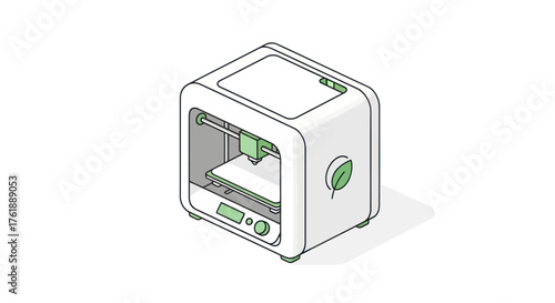 Compact white 3D printer with green leaf logo and digital display.