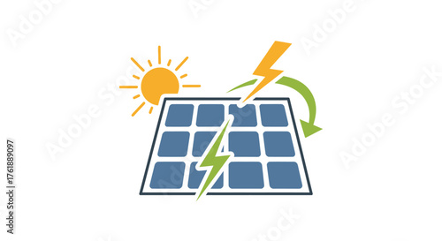 Solar Panel Generating Electricity with Sun and Lightning Bolt Icon.