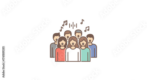 Diverse group of people singing together with musical notes.
