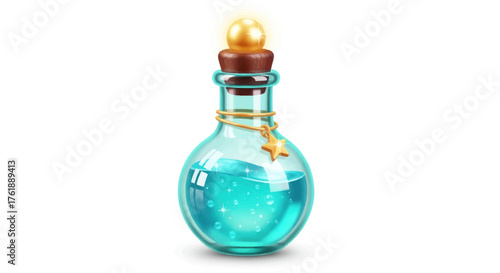 Magical Blue Potion Bottle with Golden Cork Stopper and Charm.