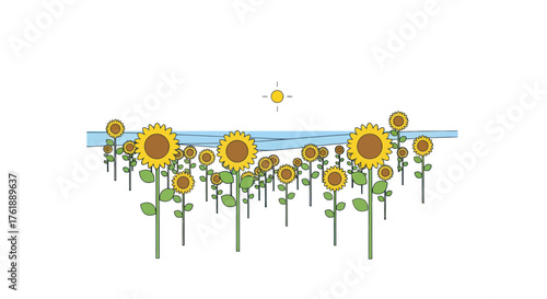 A field of bright yellow sunflowers reaching towards a distant sun.