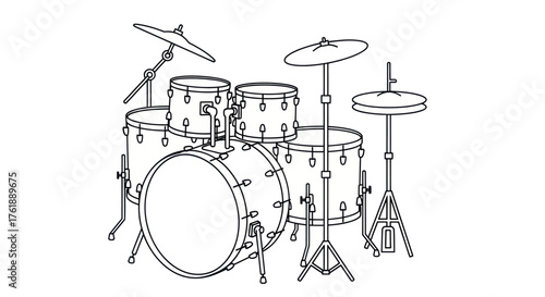 Detailed Line Art Illustration of a Complete Drum Kit.