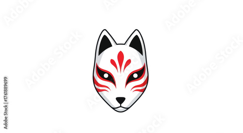Stylized Japanese Kitsune Fox Mask with Red Markings.
