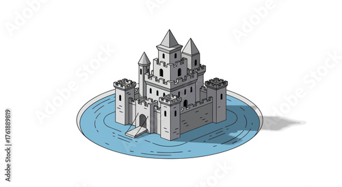 Majestic stone castle with multiple towers surrounded by a moat.
