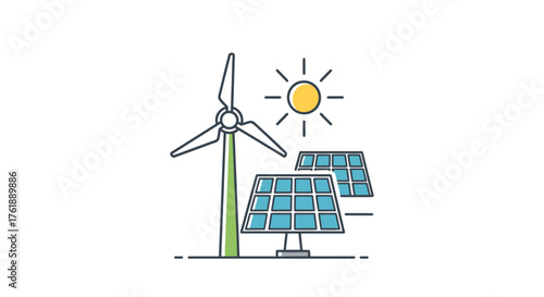 Illustration of Renewable Energy Sources: Wind Turbine and Solar Panels.