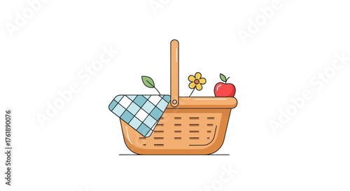 Woven Picnic Basket with Apple Flower and Checked Cloth.