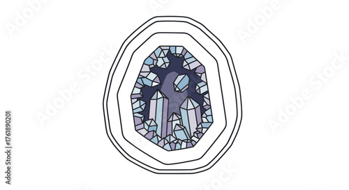 Stylized illustration of a geode with sparkling blue and purple crystals.