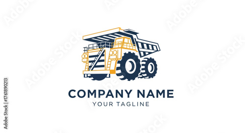 Heavy duty mining dump truck logo vector illustration for industrial company.