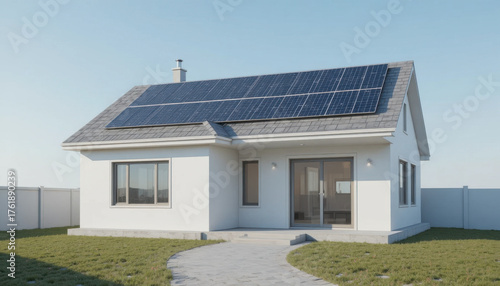 Wallpaper Mural Modern, eco friendly house with solar panels roof, set against clear blue sky. single story home features large windows and well maintained lawn, emphasizing sustainability and energy efficiency Torontodigital.ca