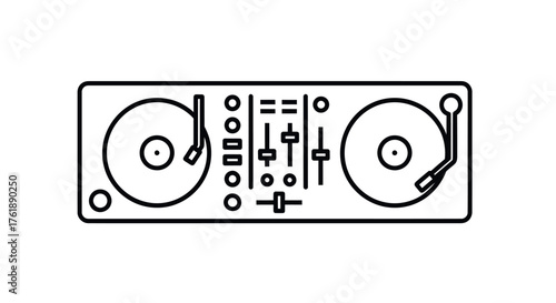Black and White Line Art DJ Turntable Mixer Console.