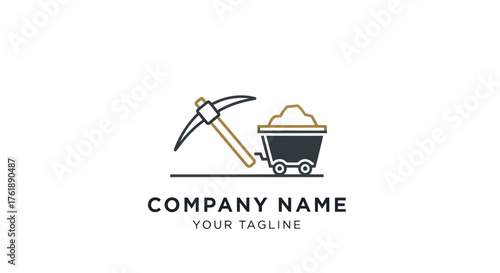 Mining Industry Logo with Pickaxe and Mine Cart filled with Ore.