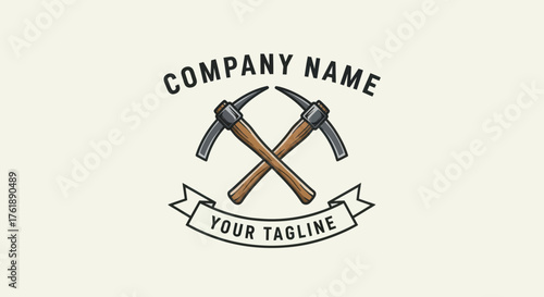 Vintage crossed pickaxes logo design with company name and tagline.
