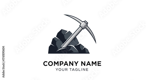 Mining Pickaxe Stuck in Rocks Logo Design.