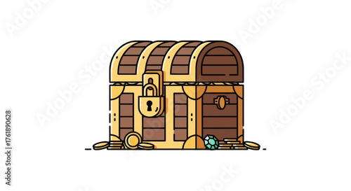 Antique wooden treasure chest with lock and scattered gold coins.