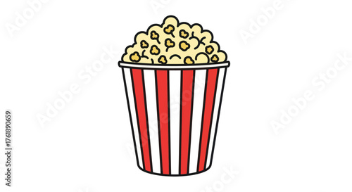 Cartoon Popcorn Bucket with Red and White Stripes Overflowing with Fluffy Kernels.