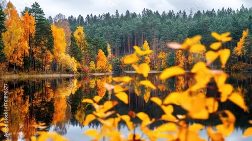 Autumn forest reflected in lake, evergreen trees in the background, calm water surface