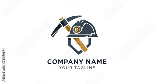 Mining and construction logo with helmet and pickaxe shield.