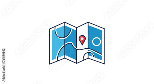 Folded Map with Red Location Pin Icon.