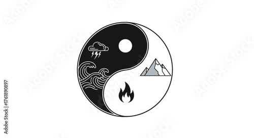 Yin Yang Symbol Representing Four Elements: Water Fire Mountain and Storm.