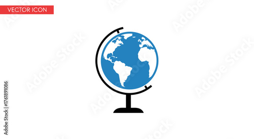 A simple vector illustration of a blue and white globe on a black stand.