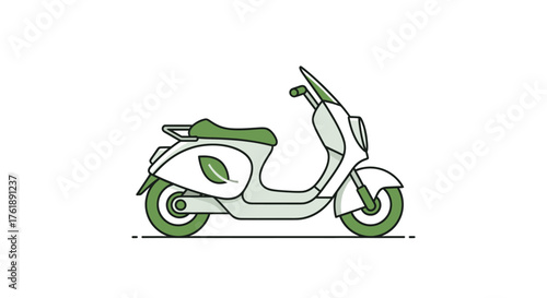 White and green electric scooter with leaf emblem modern eco-friendly transport.