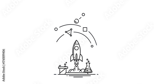 Stylized Rocket Launch with Scientific Elements and Orbital Paths.