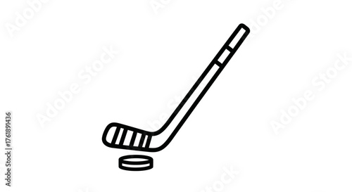 Simple Line Art Icon of a Hockey Stick and Puck.