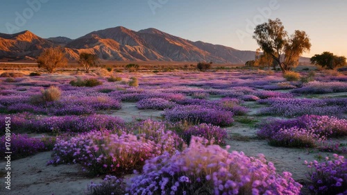 Vibrant wildflowers carpet desert landscape under golden light, distant mountains