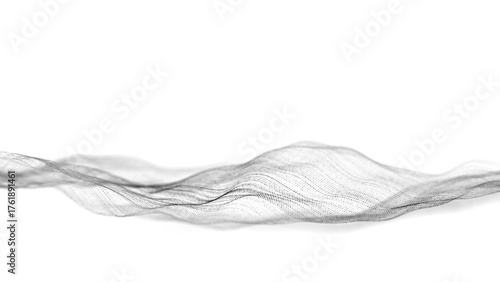 Digital dynamic wave of particles and lines. Abstract white futuristic background. Big data visualization. 3D rendering.