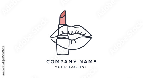Minimalist line art logo of lipstick and lips for a beauty company.