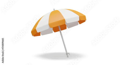 A classic orange and white striped beach umbrella with a white pole.