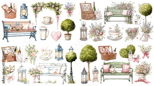 Elegant watercolor garden set featuring benches, tea cups, lanterns, and flowers. Ideal for home decor, wedding invitations, or cozy outdoor illustration projects.