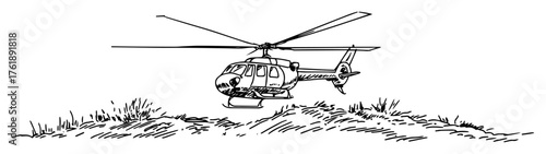 Rescue helicopter over grassy field — hand drawn vector illustration