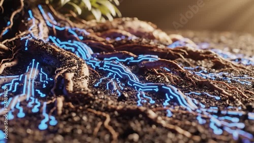 Glowing Blue Digital Circuits Merging with Natural Tree Roots.