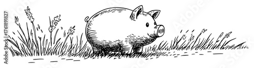 Hand drawn piglet walking in meadow grass black and white vector line art illustration