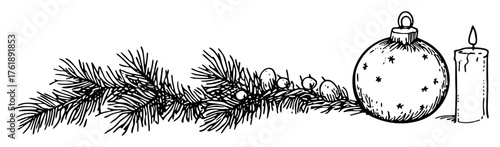 Hand drawn Christmas pine branch with baubles berries and candle black and white vector line art decoration