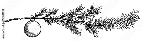 Hand drawn pine branch with hanging christmas bauble black and white vector line art decoration