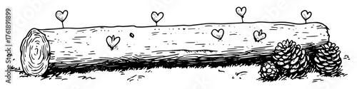 Hand Drawn Forest Log With Hearts And Pine Cones Vintage Ink Sketch Vector Illustration