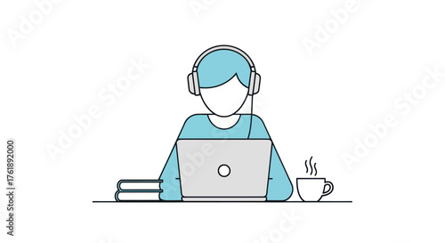 Minimalist Illustration of Person Working on Laptop with Headphones.