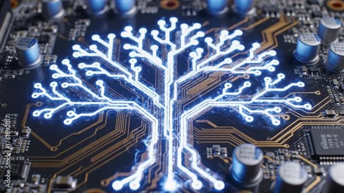 Glowing Blue Digital Tree Growing on a Computer Circuit Board.
