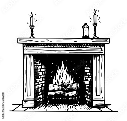 Classic fireplace with burning logs and candles hand drawn vintage vector illustration